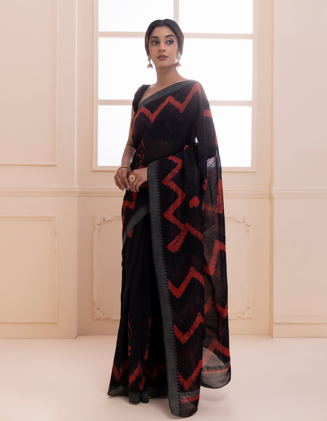 Black-Red Hand Block Printed Bagru Pure Chanderi Sustainable Saree