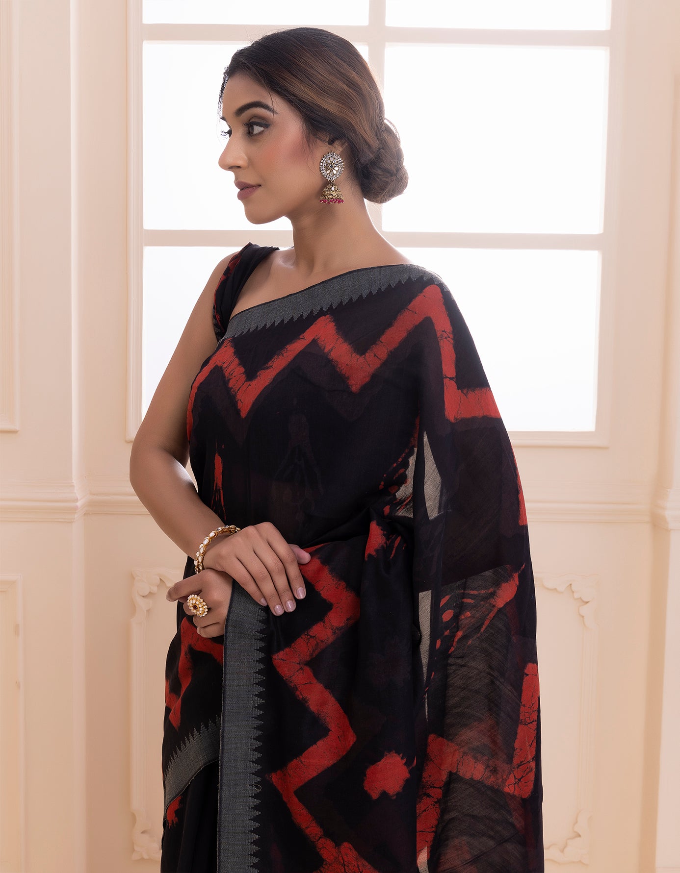 Black-Red Hand Block Printed Bagru Pure Chanderi Sustainable Saree