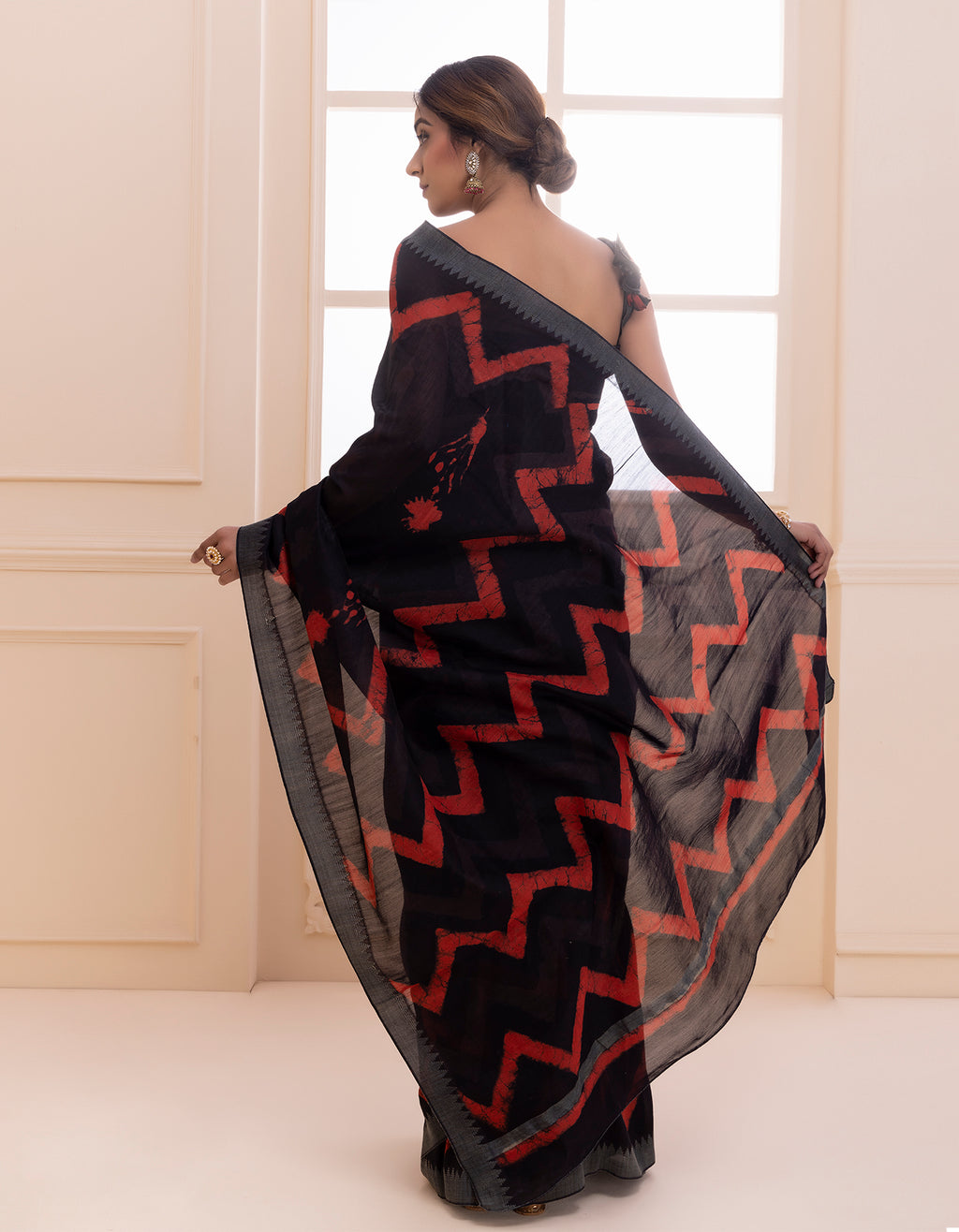 Black-Red Hand Block Printed Bagru Pure Chanderi Sustainable Saree