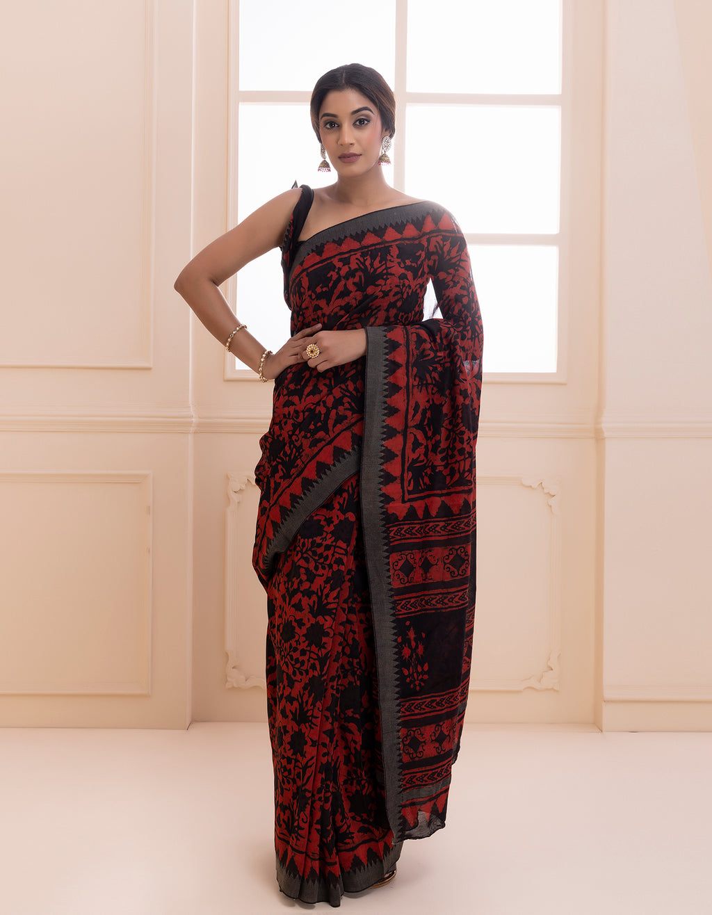 Red-Black Hand Block Printed Bagru Pure Chanderi Sustainable Saree