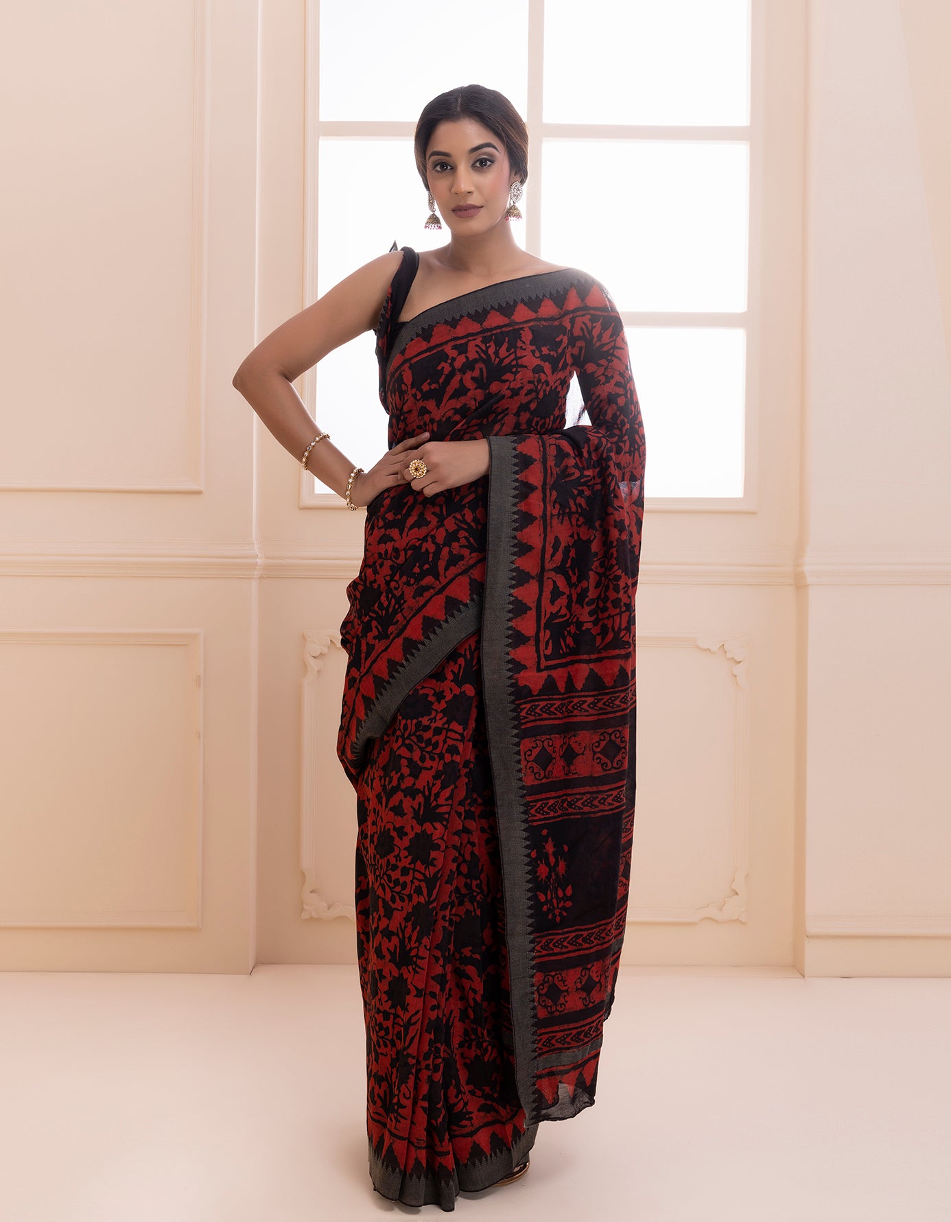 Red-Black Hand Block Printed Bagru Pure Chanderi Sustainable Saree