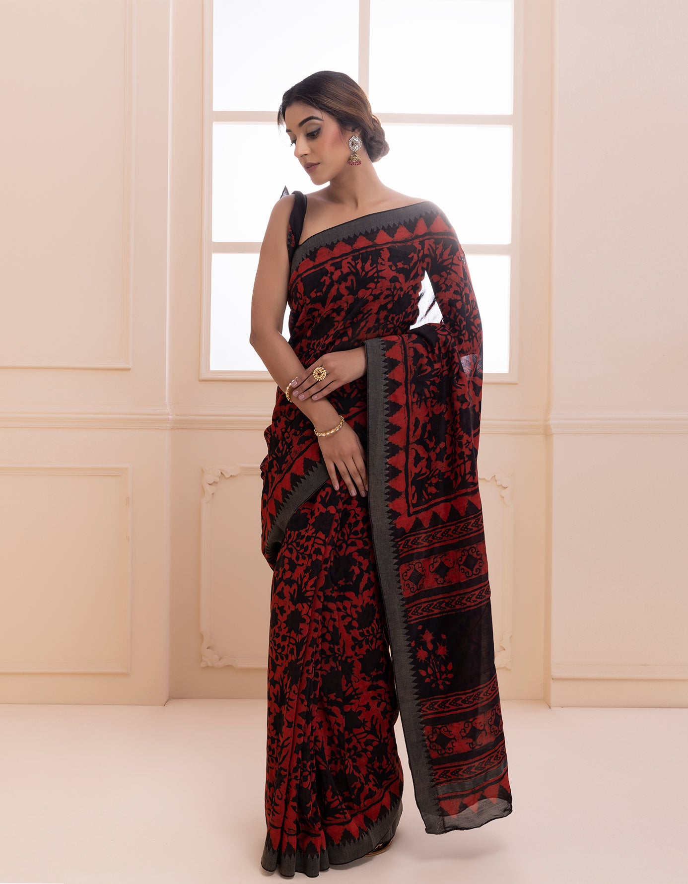 Red-Black Hand Block Printed Bagru Pure Chanderi Sustainable Saree