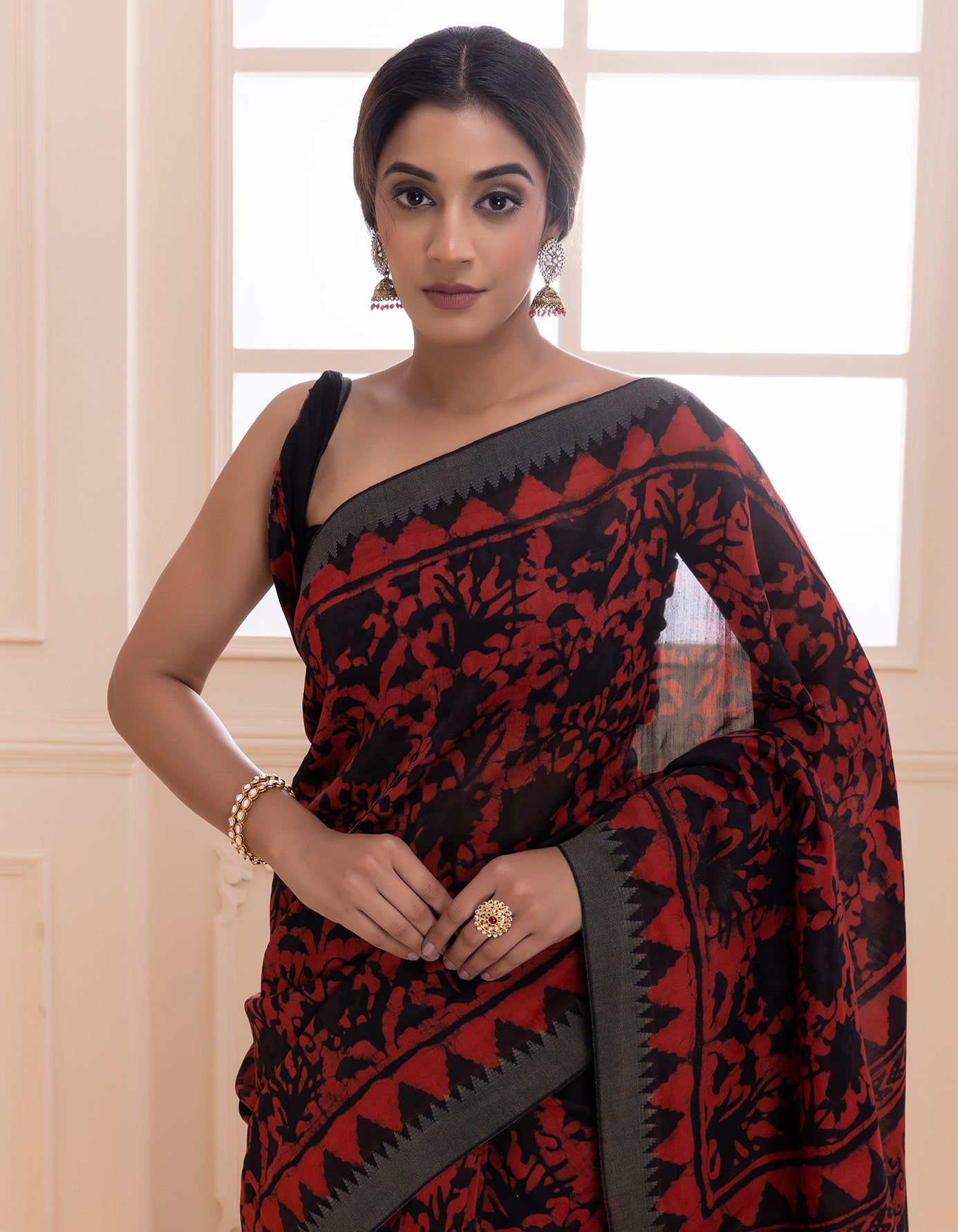 Red-Black Hand Block Printed Bagru Pure Chanderi Sustainable Saree