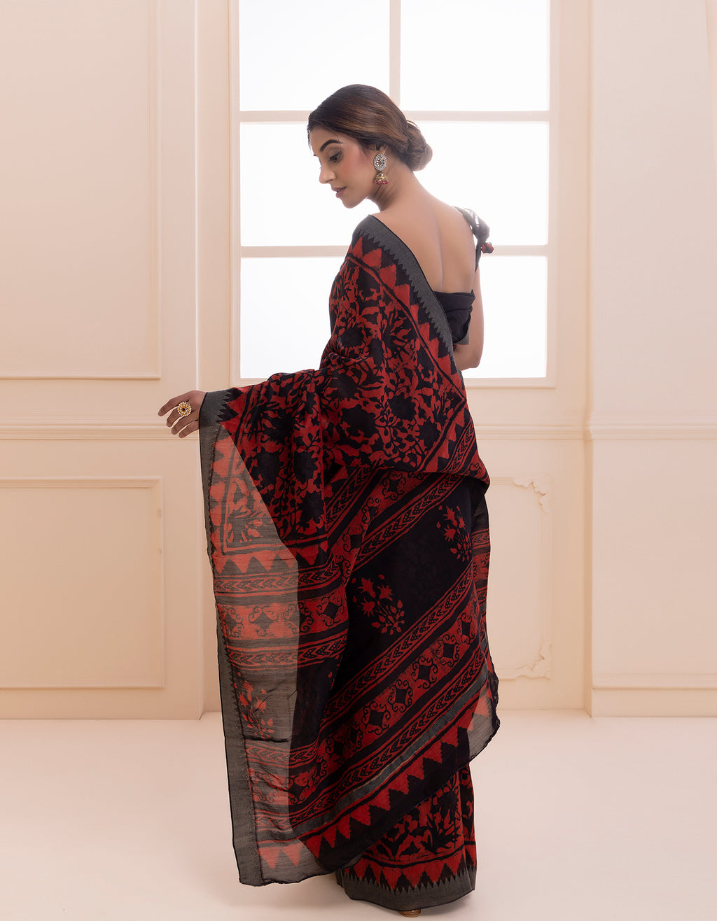 Red-Black Hand Block Printed Bagru Pure Chanderi Sustainable Saree