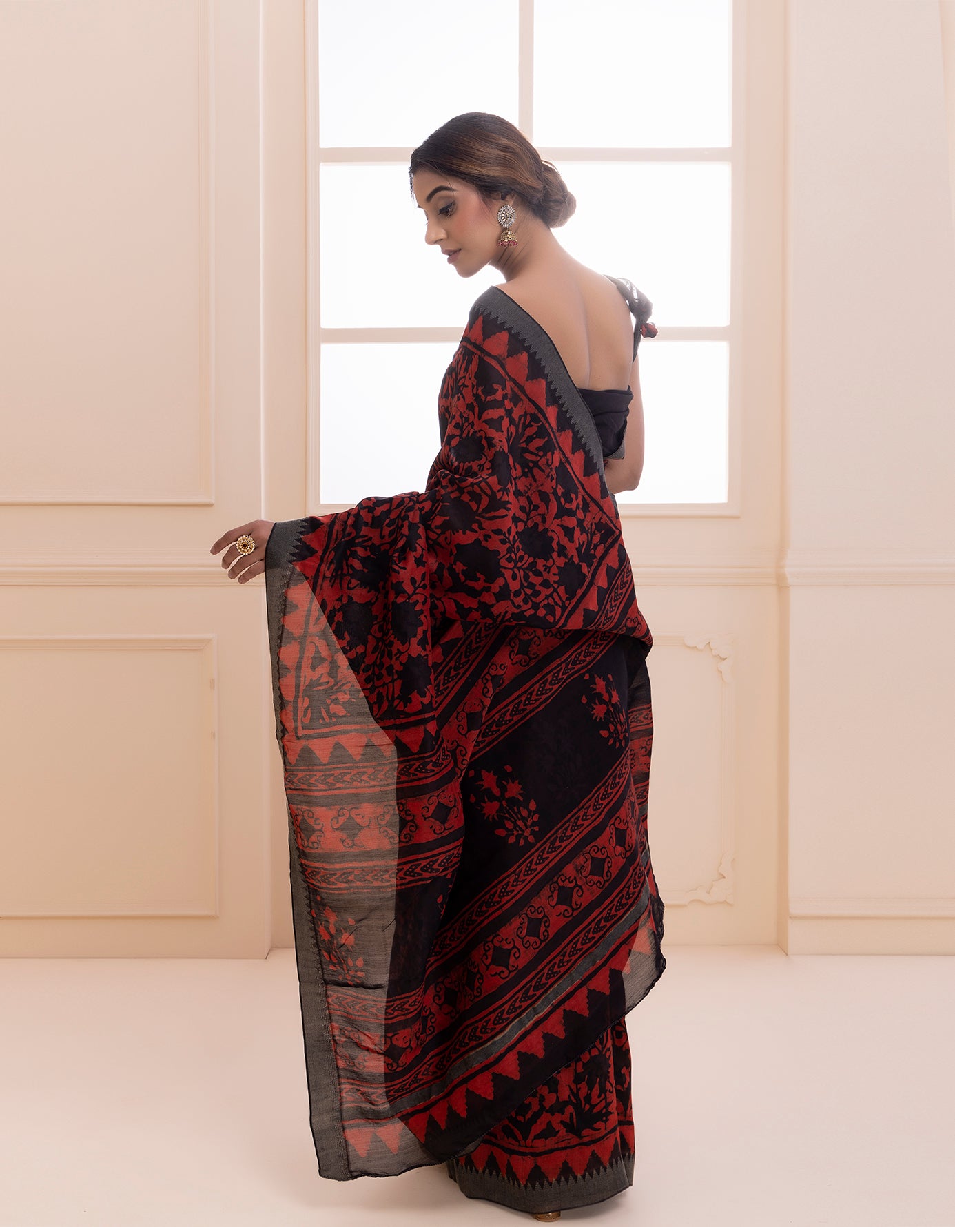 Red-Black Hand Block Printed Bagru Pure Chanderi Sustainable Saree