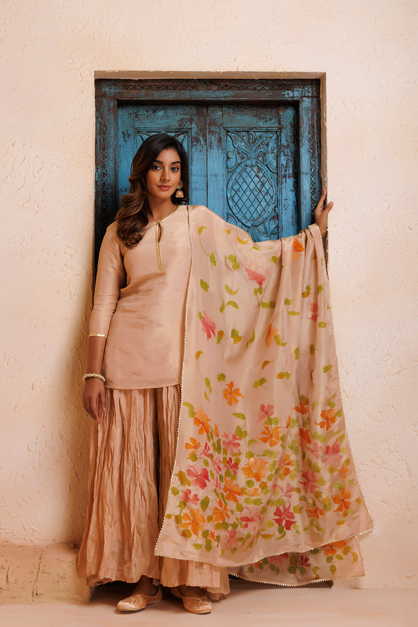 Onion Pink Chanderi Mukaish Embroidered Garara Suit Set with Organza Hand Painted Dupatta