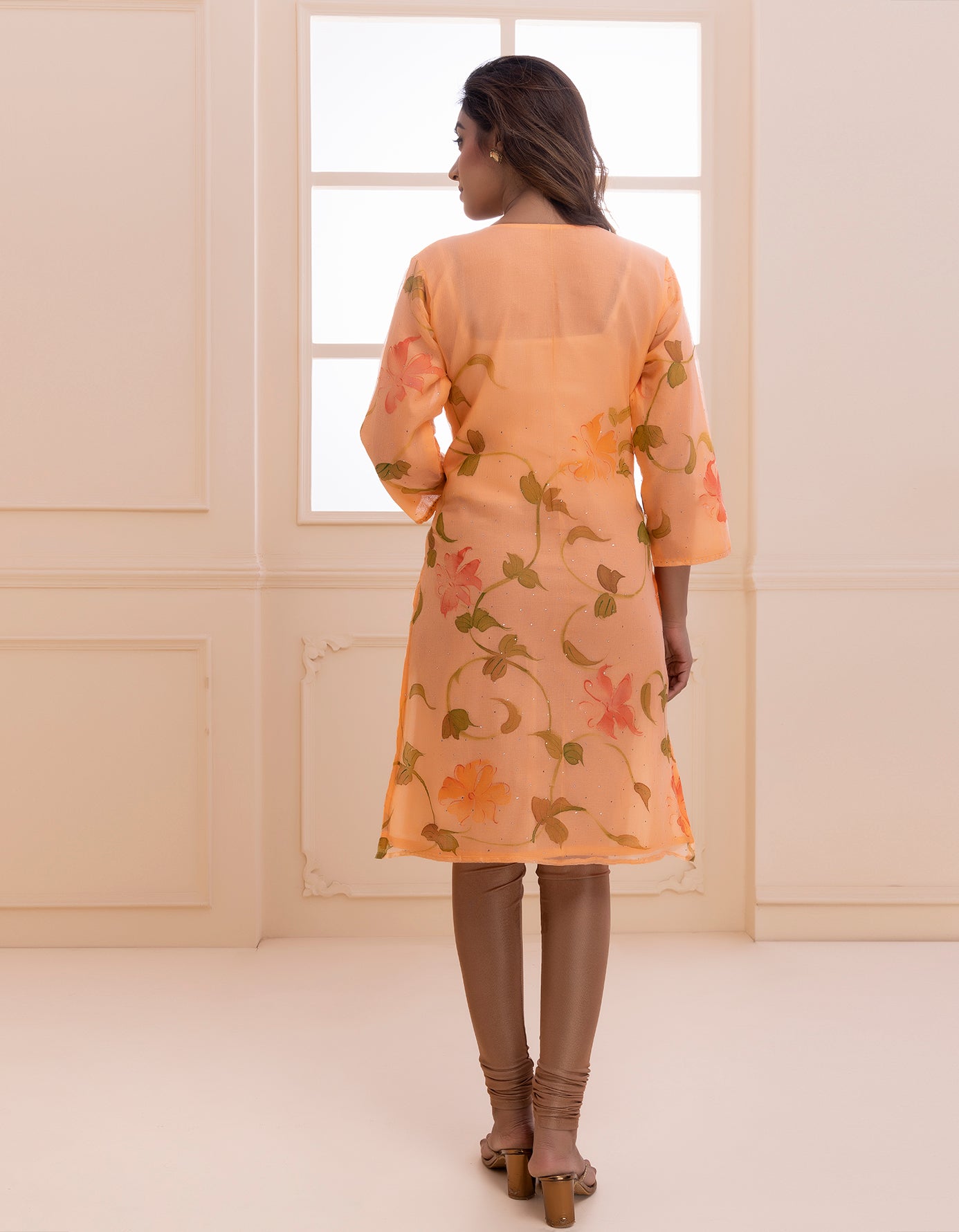 Orange Handpainted Mukaish Designer Chiffon Kurti