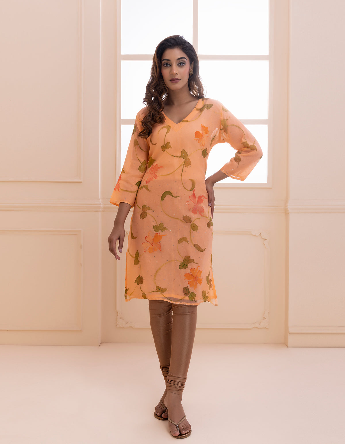 Orange Handpainted Mukaish Designer Chiffon Kurti