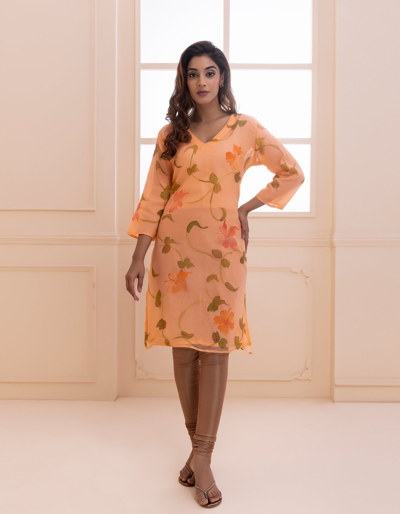 Orange Handpainted Mukaish Designer Chiffon Kurti