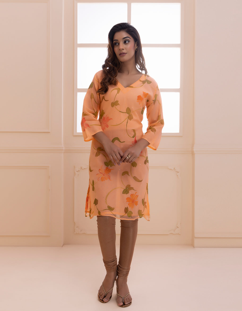 Orange Handpainted Mukaish Designer Chiffon Kurti