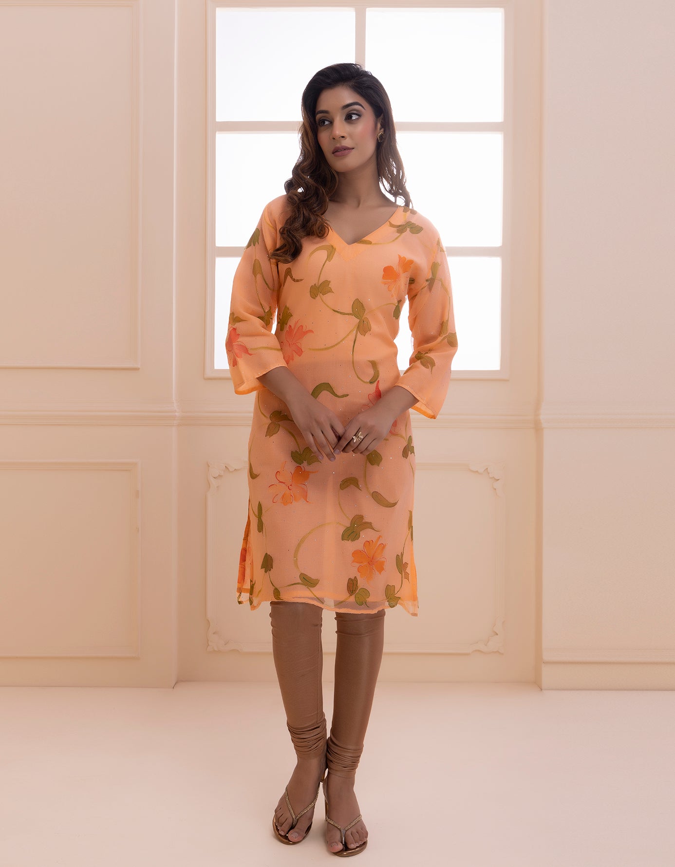 Orange Handpainted Mukaish Designer Chiffon Kurti