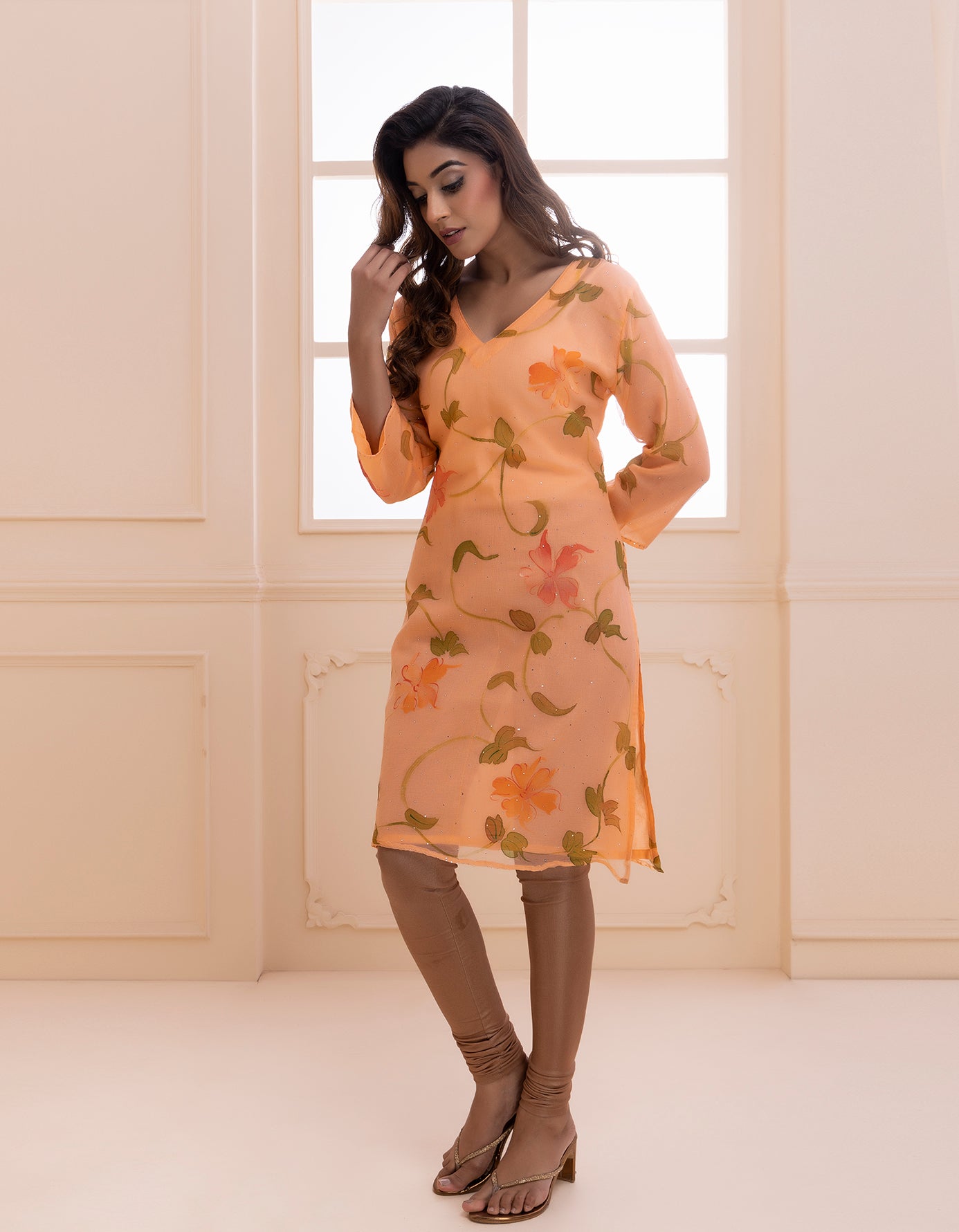 Orange Handpainted Mukaish Designer Chiffon Kurti