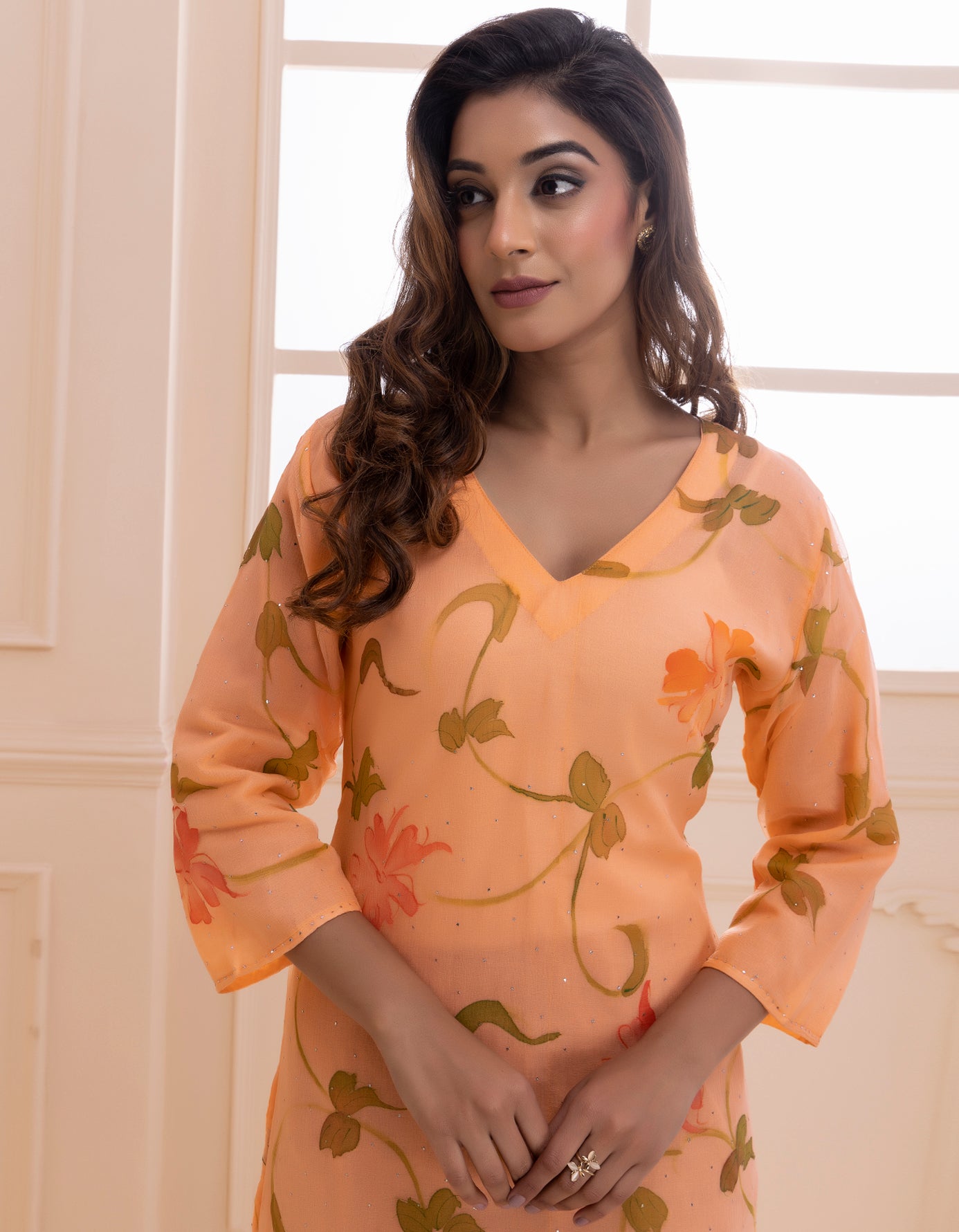 Orange Handpainted Mukaish Designer Chiffon Kurti