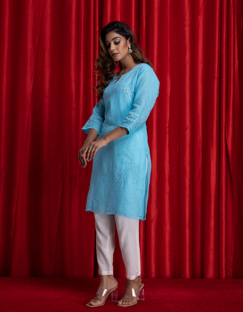 Blue Handcrafted Mukaish Designer Chiffon Kurti
