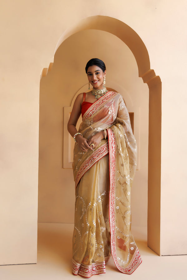 Golden Handcrafted  Gota Patti Pure Kota Tissue Saree