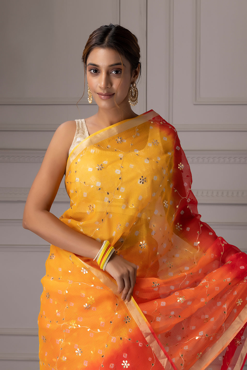 Yellow Orange Pure Kota Silk Handcrafted Gota Jaal Bandhani Saree
