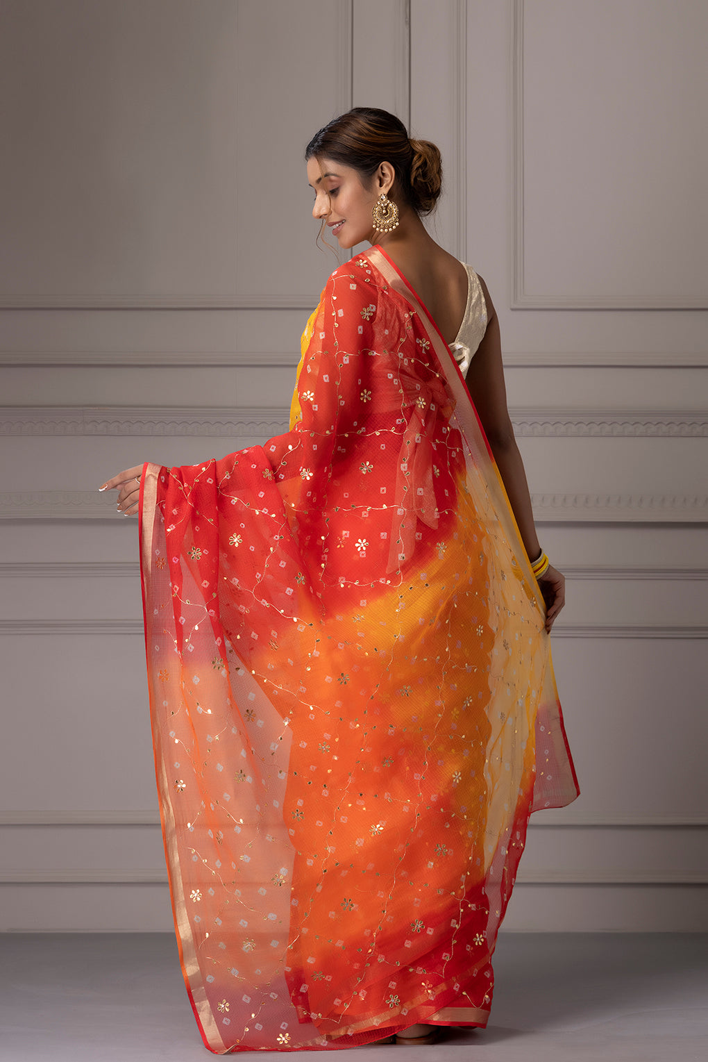 Yellow Orange Pure Kota Silk Handcrafted Gota Jaal Bandhani Saree
