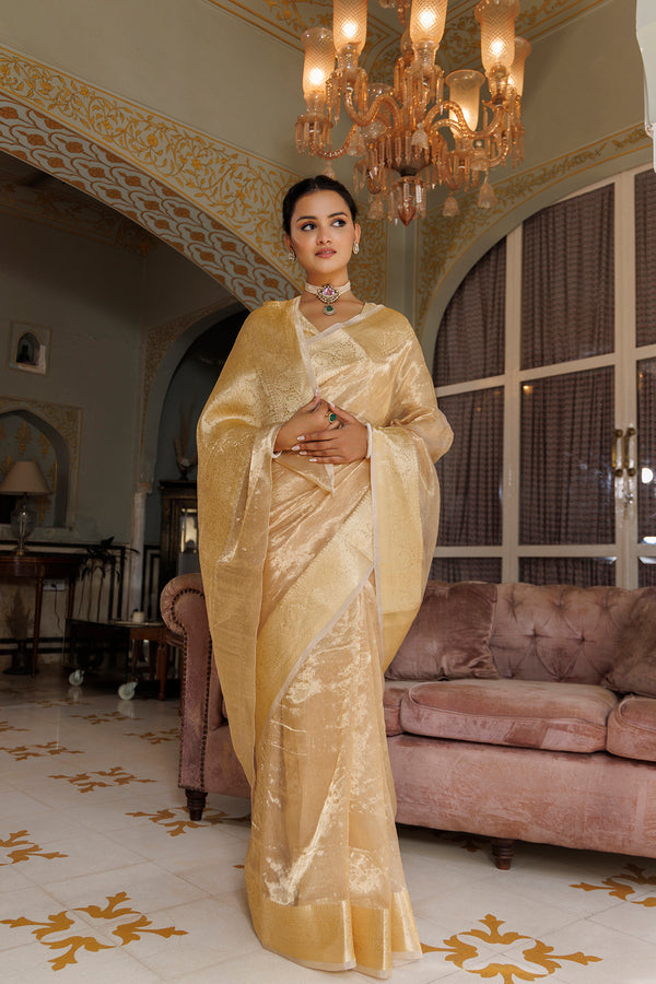 Light Golden Banarasi Handwoven Tissue  Saree With Zari Work