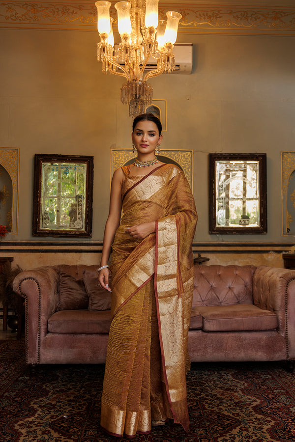 Copper Crinkled Banarasi Tissue Saree