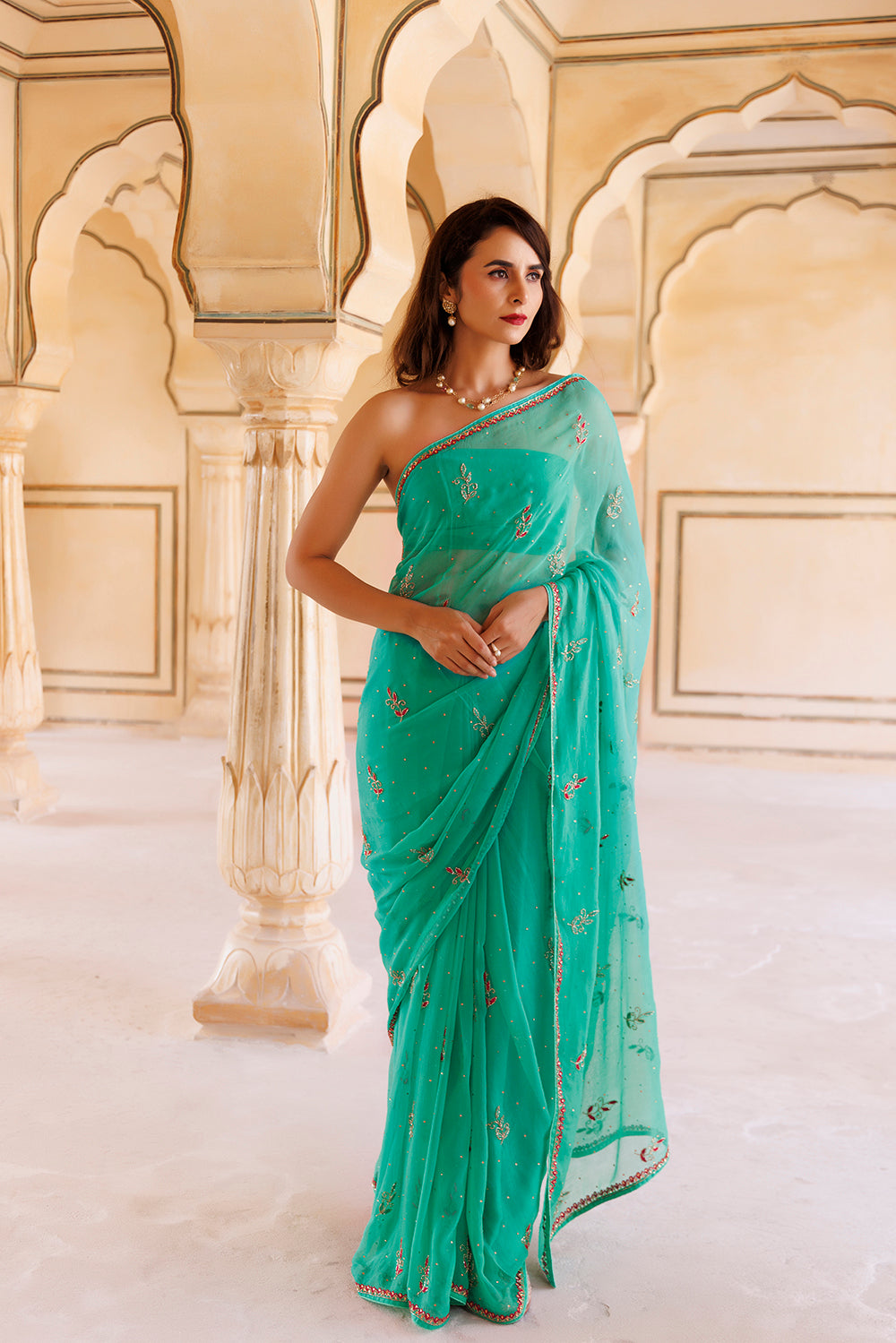 Green Hand Embroidered Resham-Tube Chiffon Saree