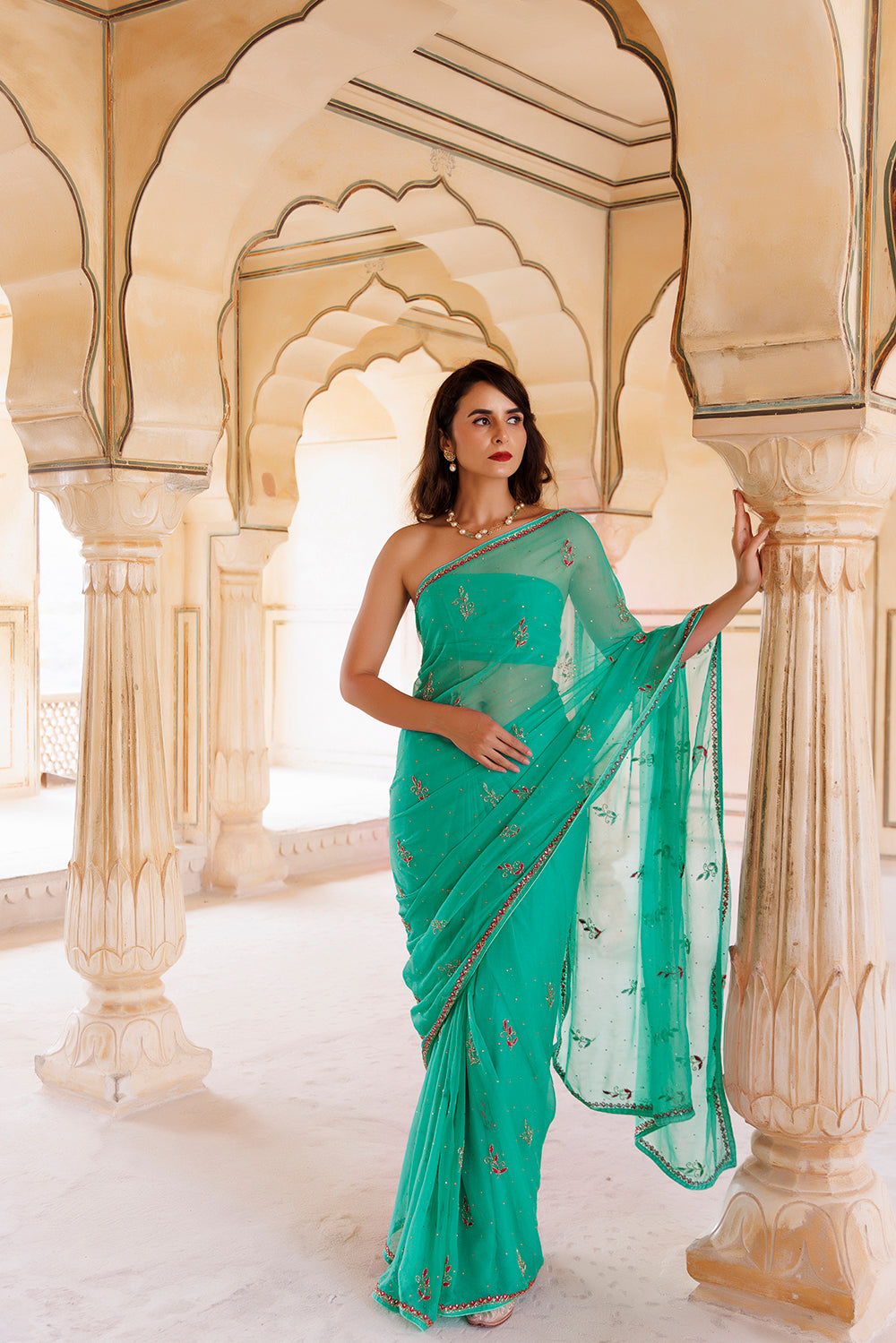 Green Hand Embroidered Resham-Tube Chiffon Saree