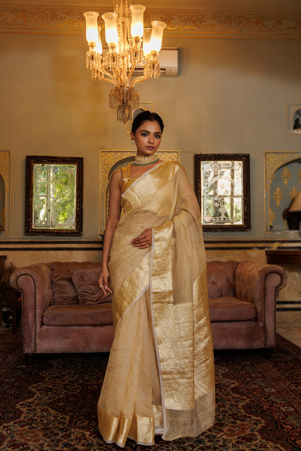 Light Gold Crinkled Banarasi Tissue Saree