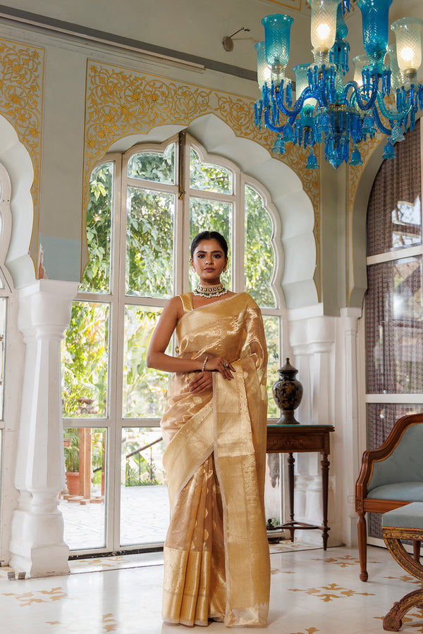 Golden Handwoven Zari Banarasi Tissue Saree