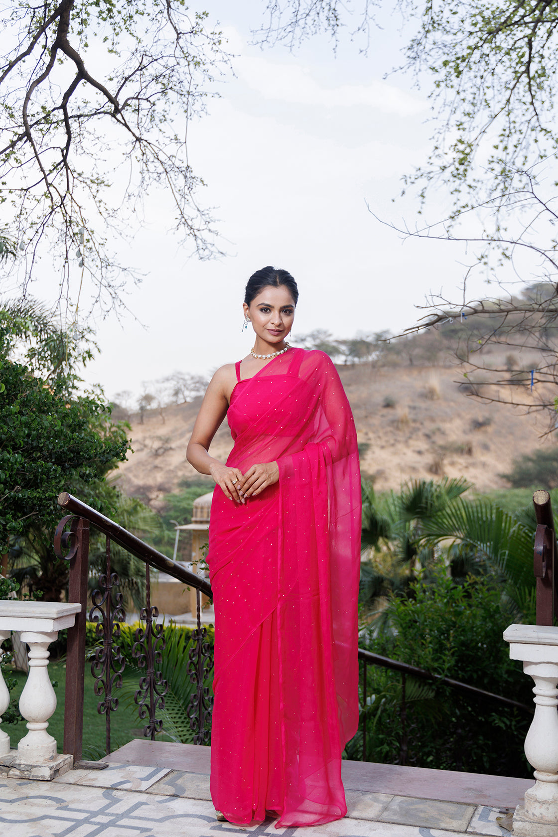 Chiffon Saree with Mukaish Embroidery In Peacock Pattern & Zari Border, Benarasi Blouse