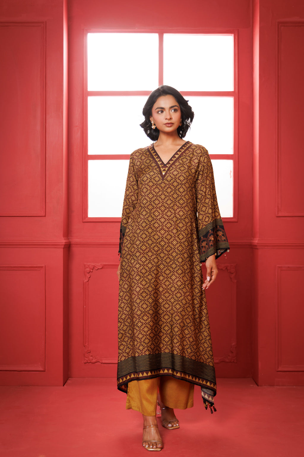 Beige & Maroon Printed Modal Silk Kurta Set