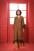Beige & Maroon Printed Modal Silk Kurta Set