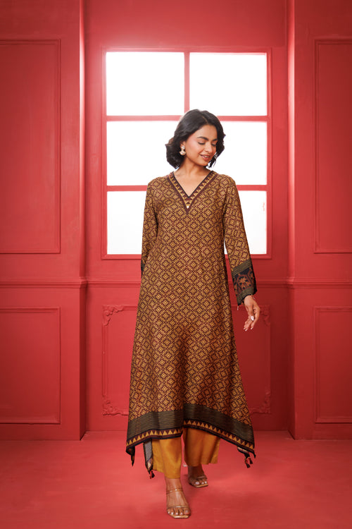 Beige & Maroon Printed Modal Silk Kurta Set