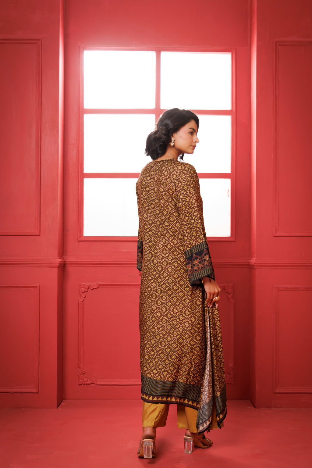 Beige & Maroon Printed Modal Silk Kurta Set
