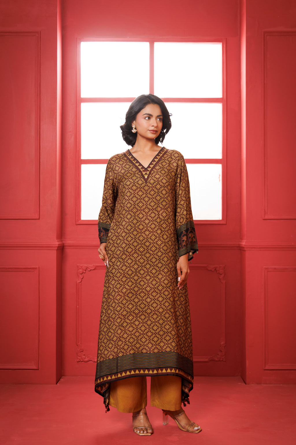 Beige & Maroon Printed Modal Silk Kurta Set