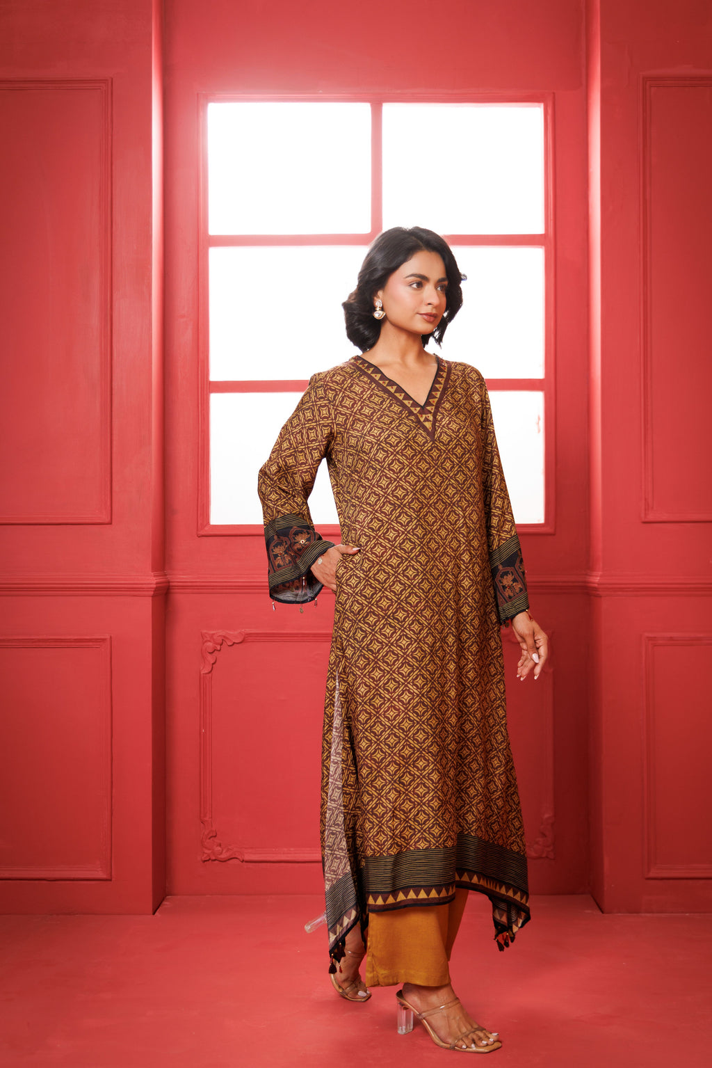 Beige & Maroon Printed Modal Silk Kurta Set
