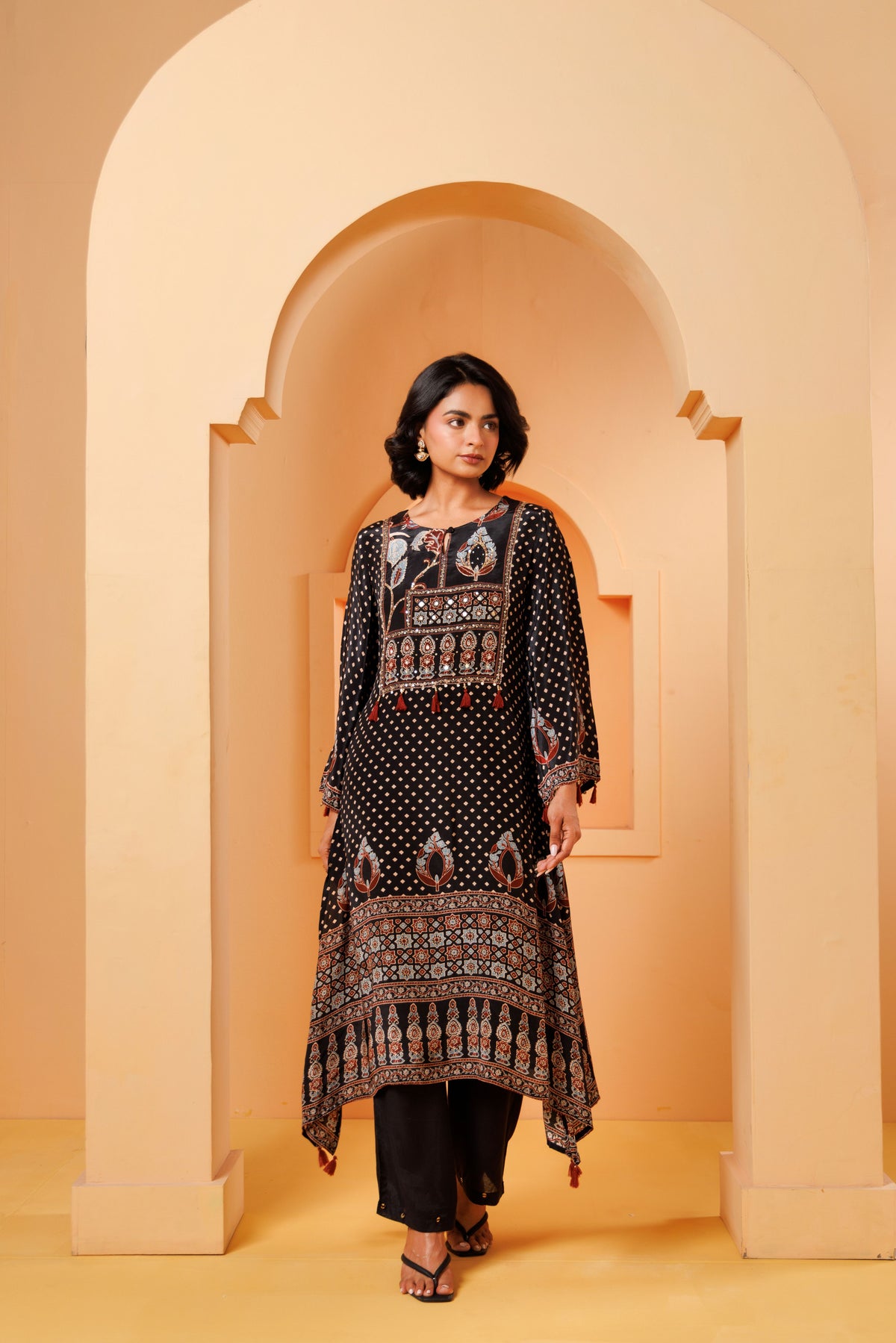 Black Ajrakh Printed Modal Silk Kurta Set