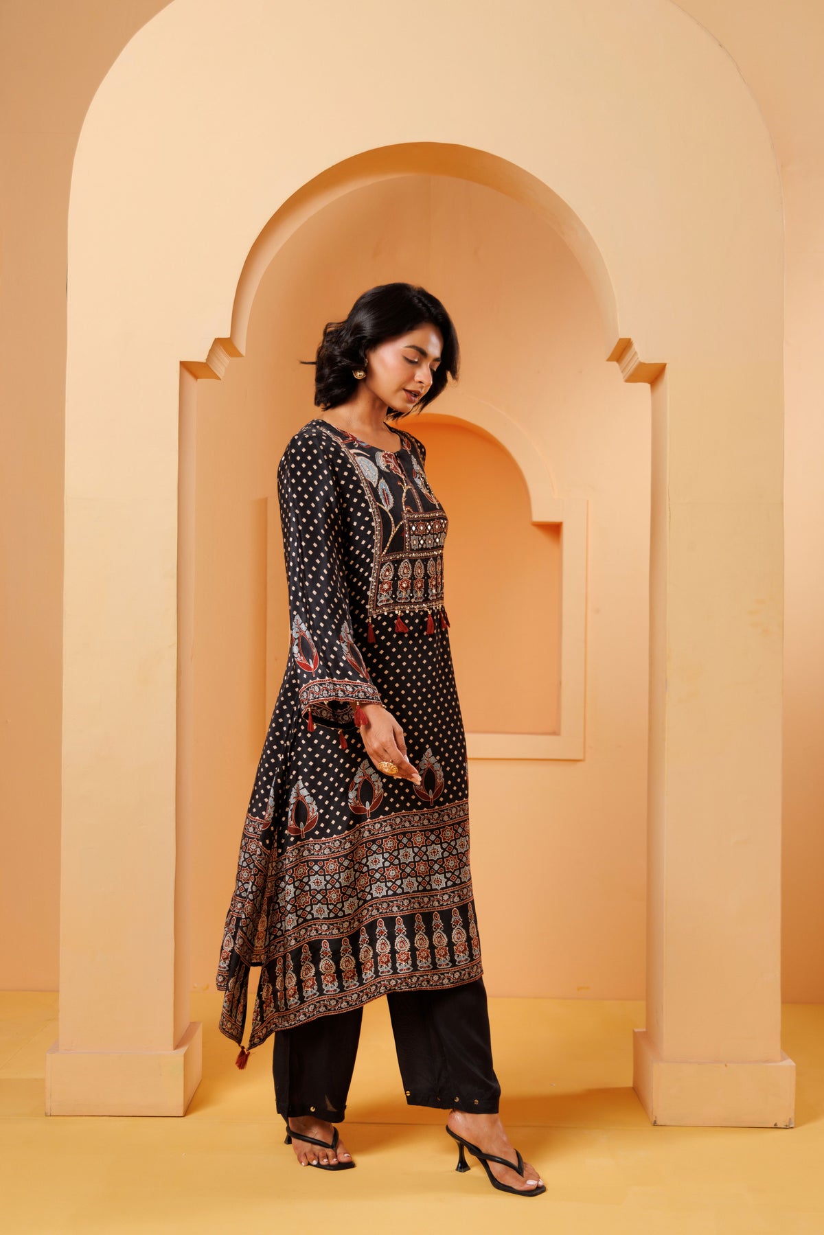 Black Ajrakh Printed Modal Silk Kurta Set