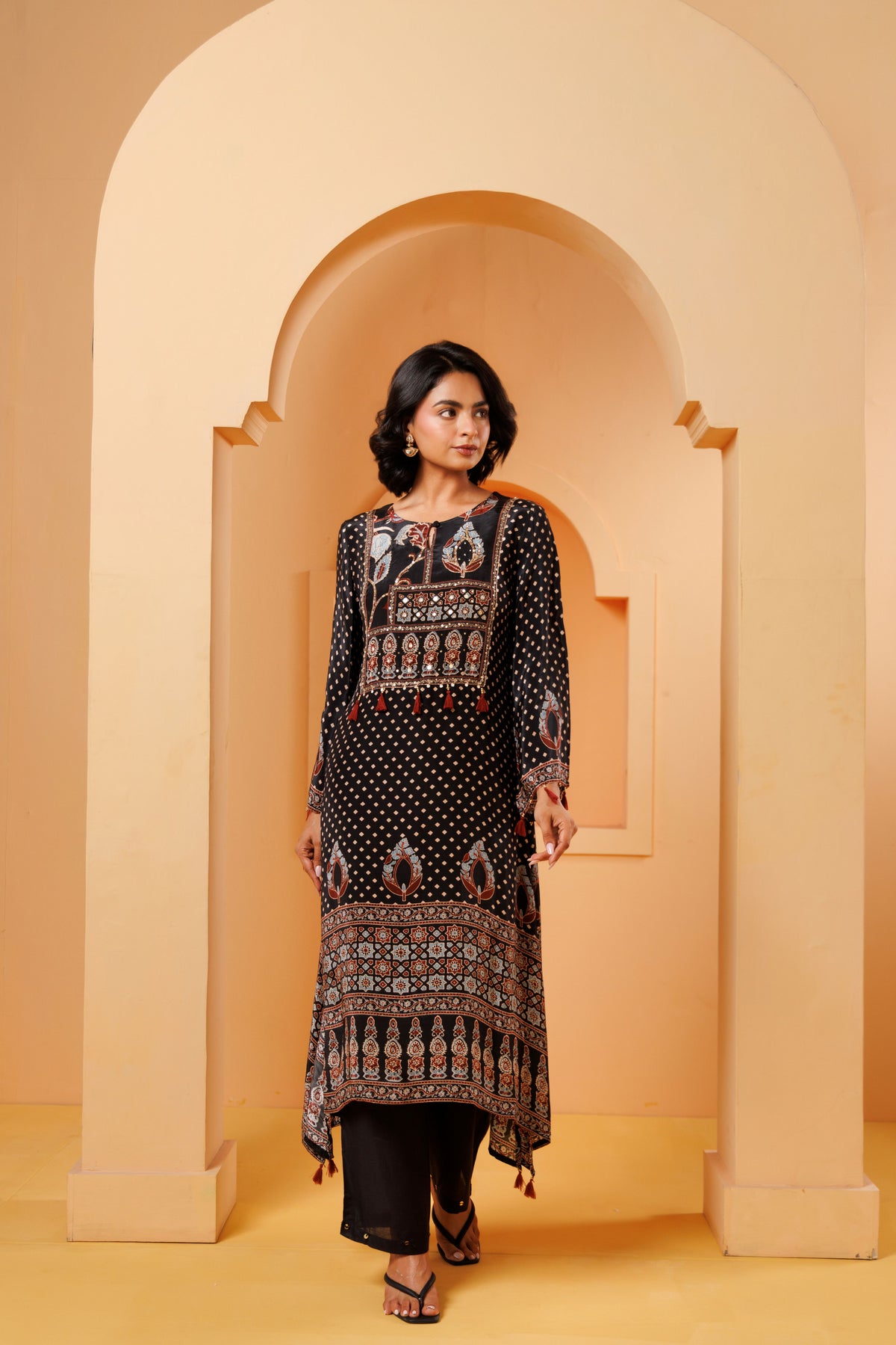Black Ajrakh Printed Modal Silk Kurta Set