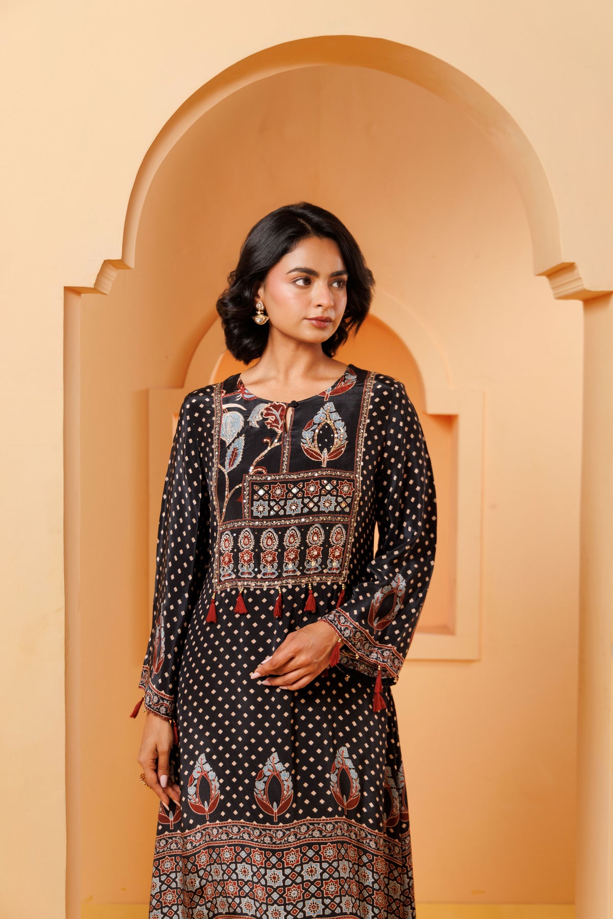 Black Ajrakh Printed Modal Silk Kurta Set