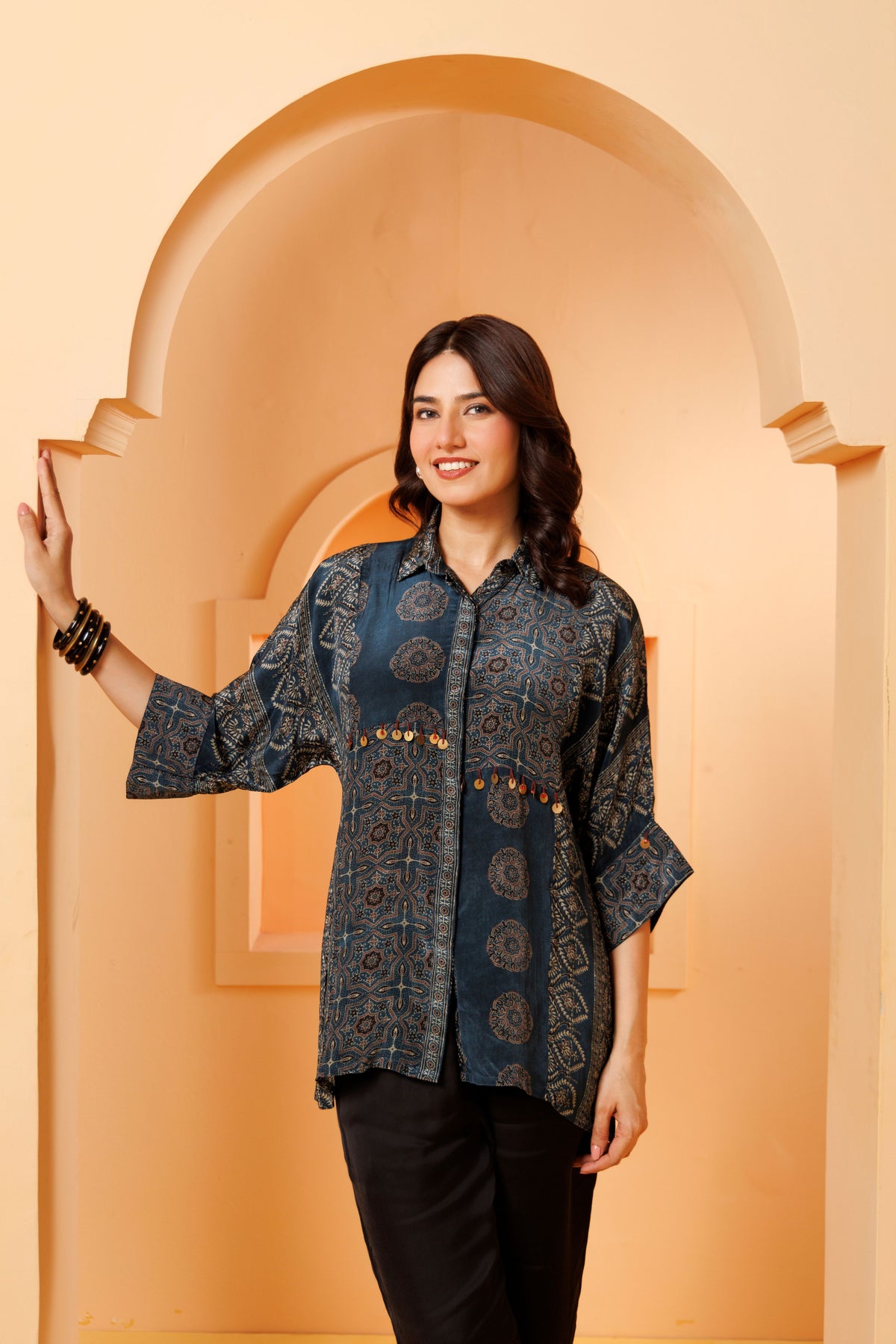 Blue Ajrakh Print Modal Silk Kurti