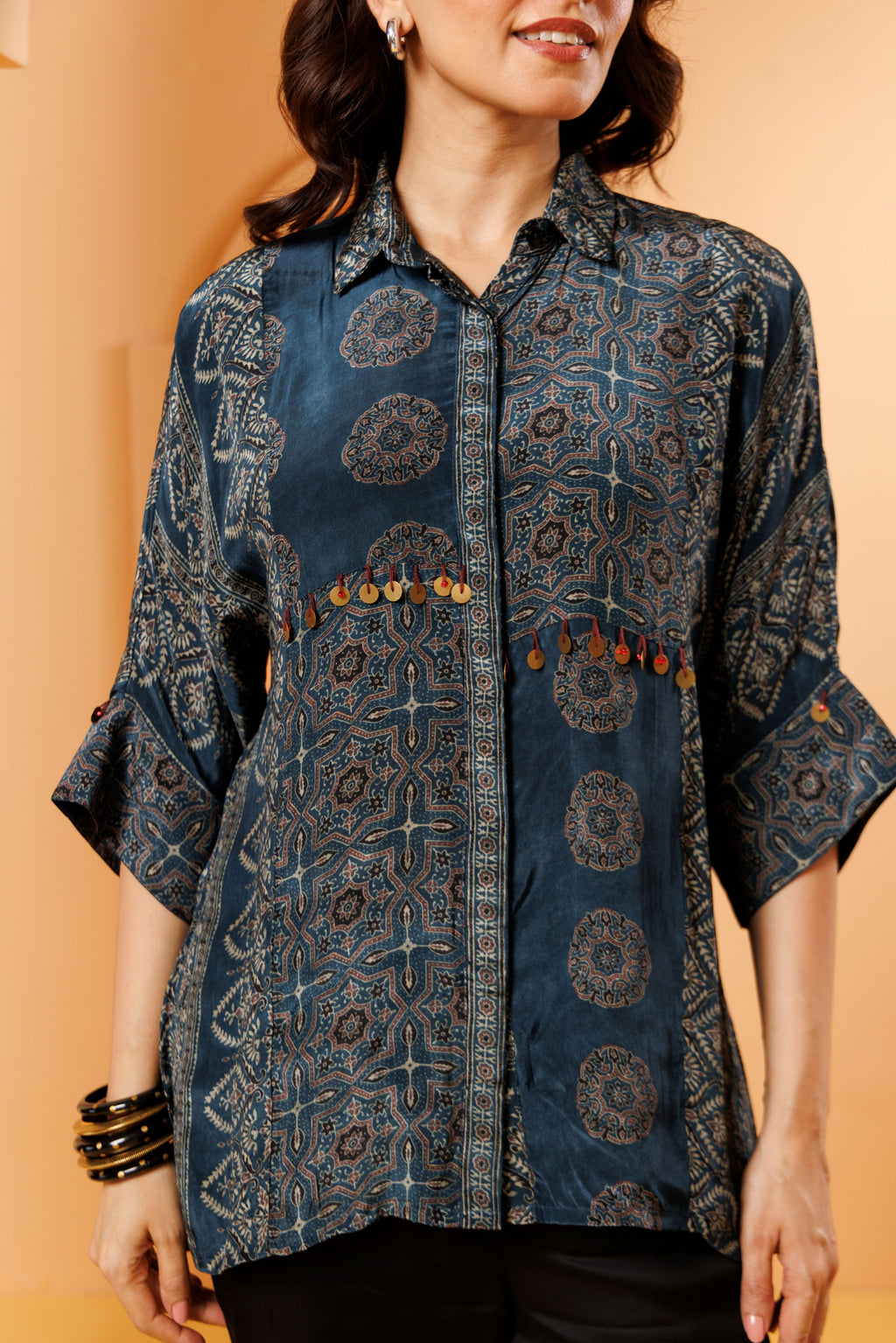 Blue Ajrakh Print Modal Silk Kurti