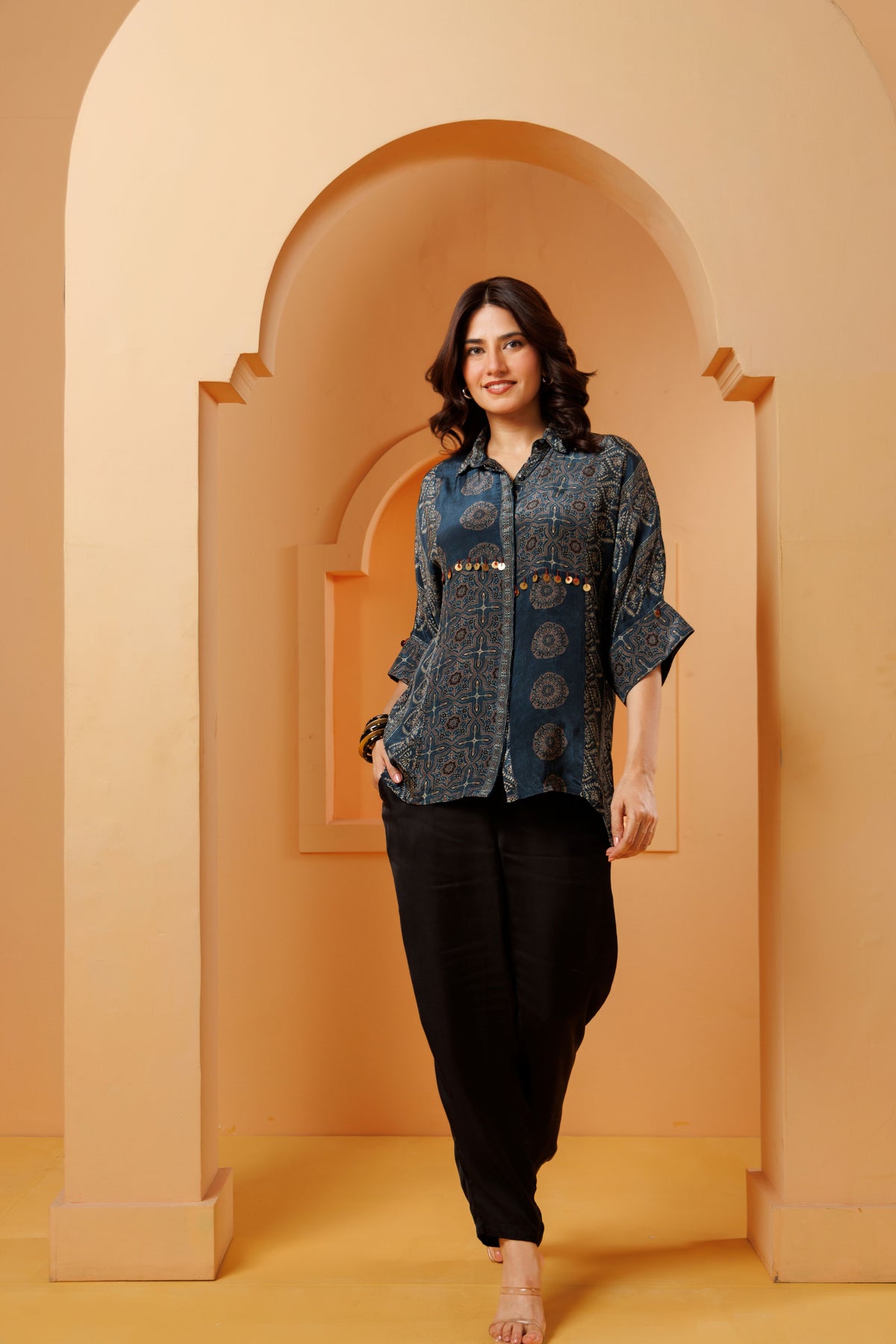 Blue Ajrakh Print Modal Silk Kurti