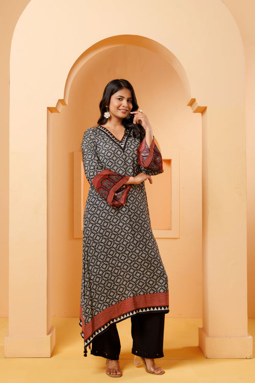 Black Printed Modal Silk Kurta Set