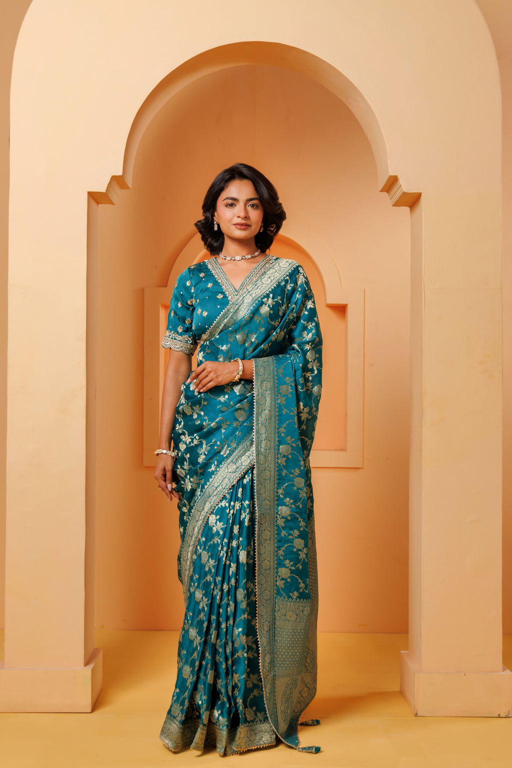 Peacock Blue-Green Banarasi Silk Jaal Saree