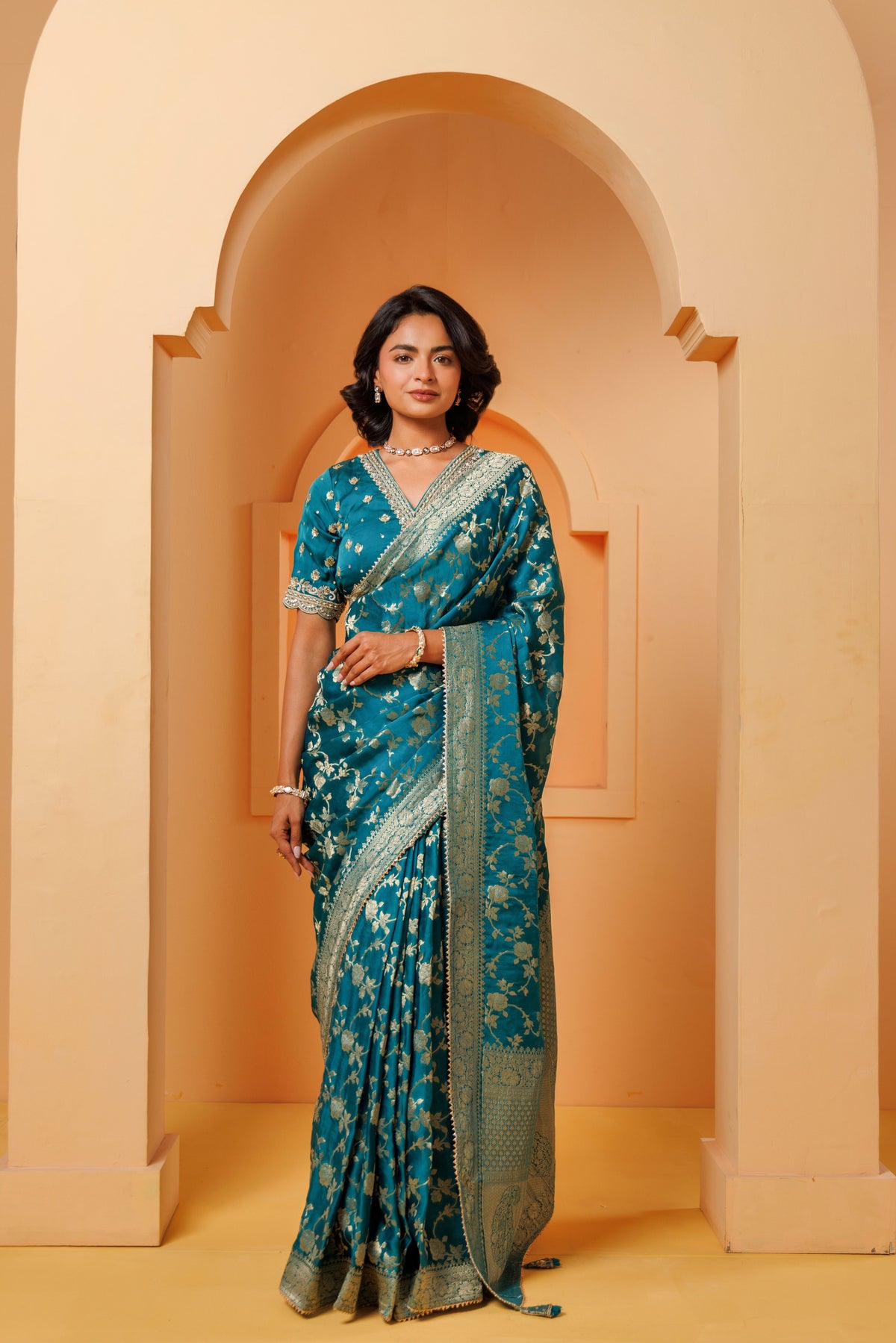 Peacock Blue-Green Banarasi Silk Jaal Saree