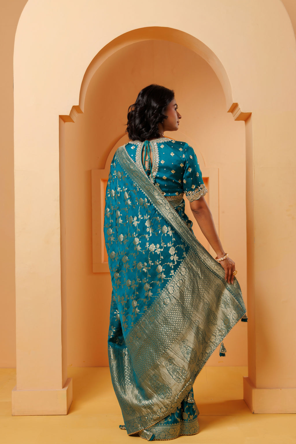 Peacock Blue-Green Banarasi Silk Jaal Saree