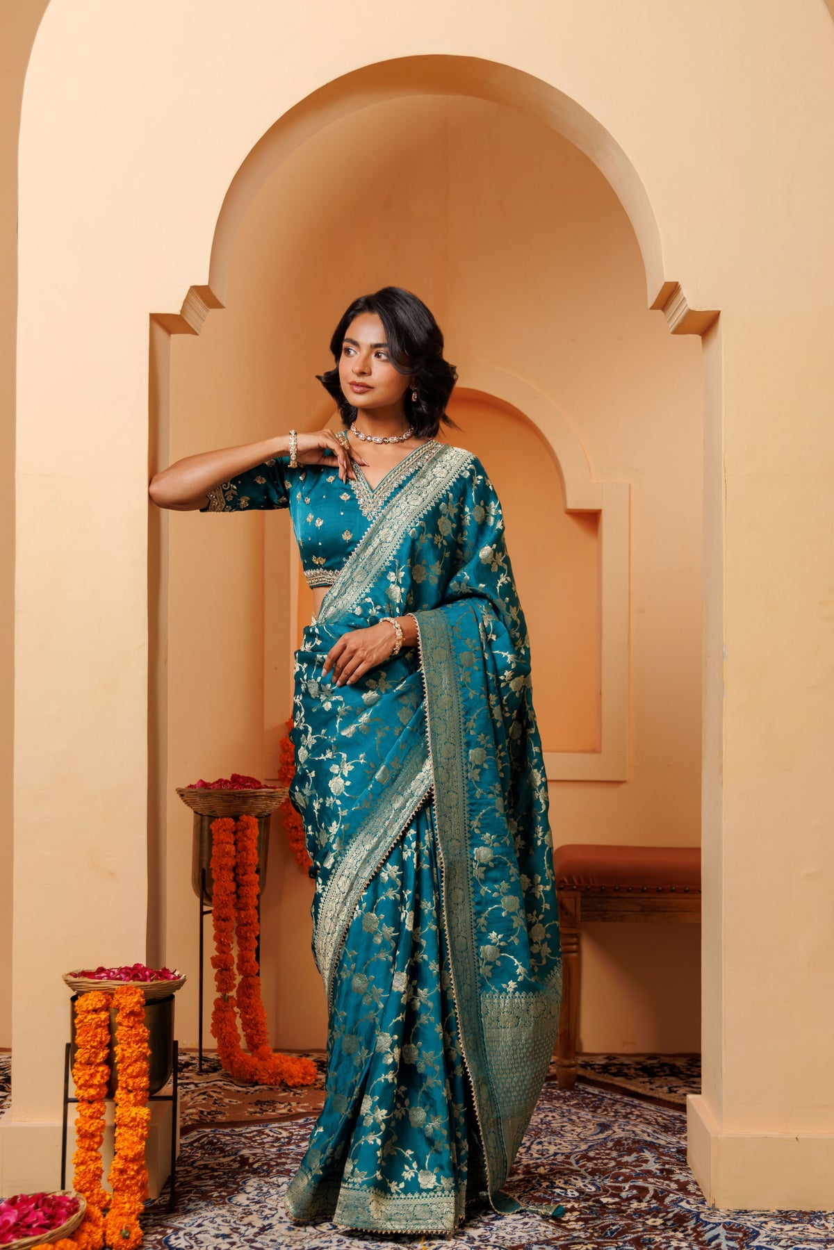 Peacock Blue-Green Banarasi Silk Jaal Saree