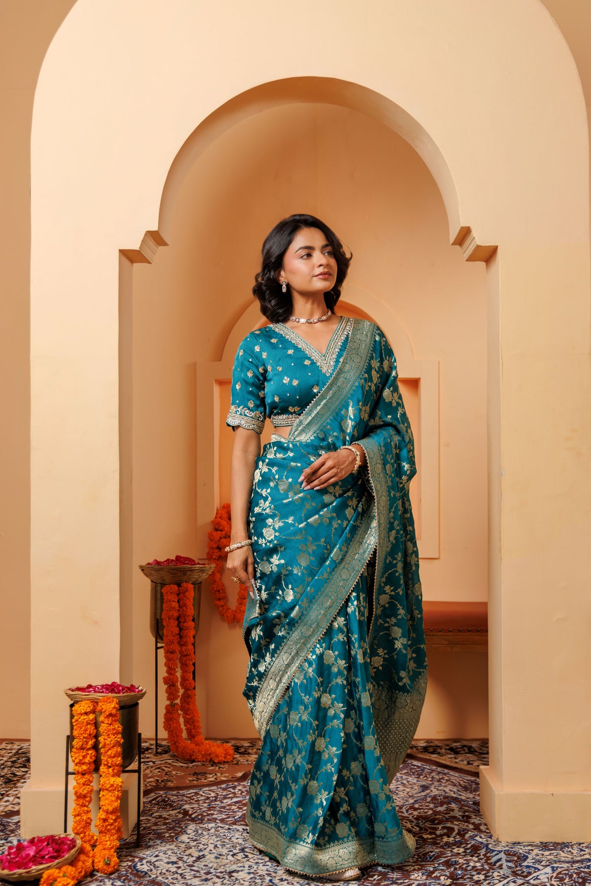 Peacock Blue-Green Banarasi Silk Jaal Saree