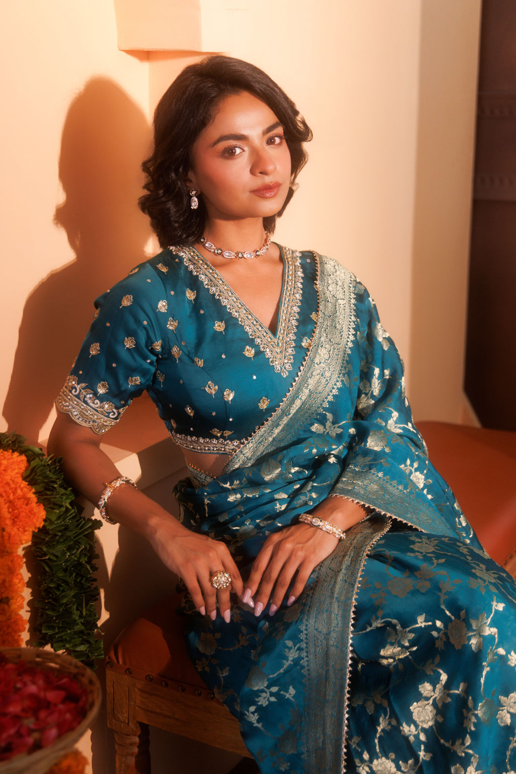 Peacock Blue-Green Banarasi Silk Jaal Saree