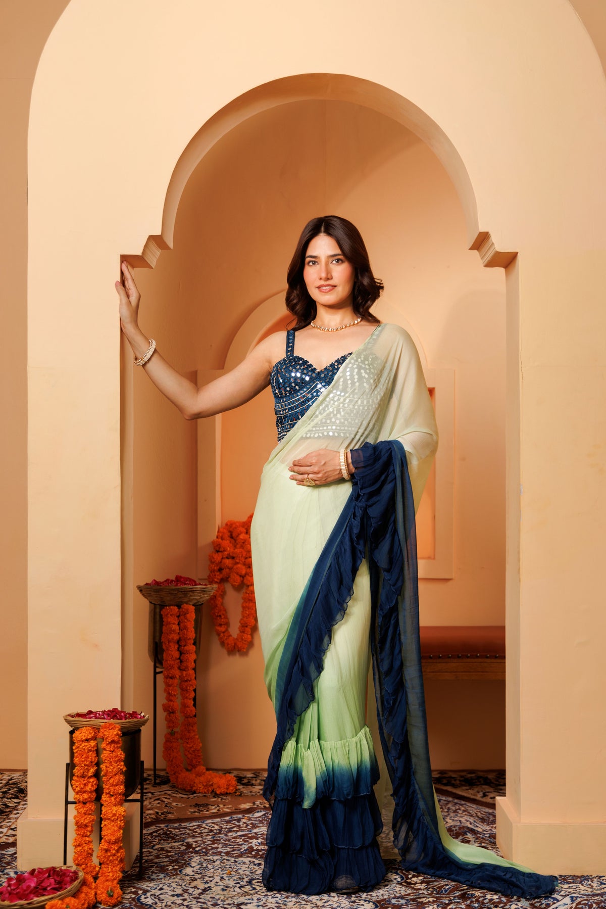 Green and Blue Shaded Ruffle Saree
