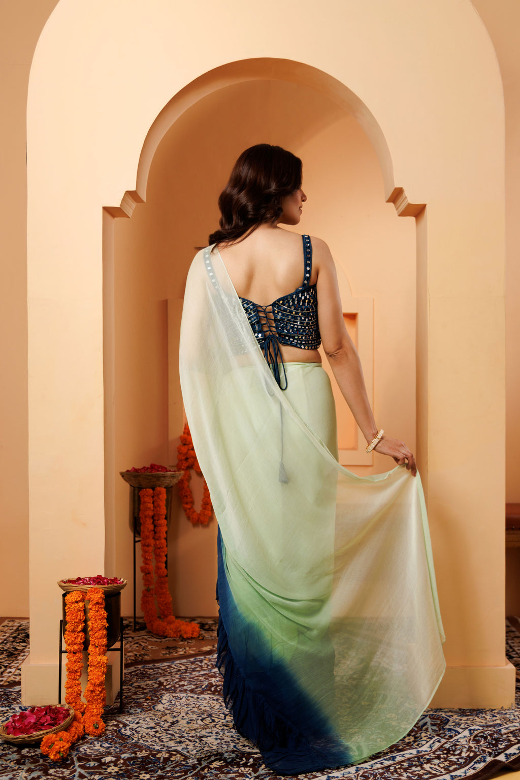 Green and Blue Shaded Ruffle Saree